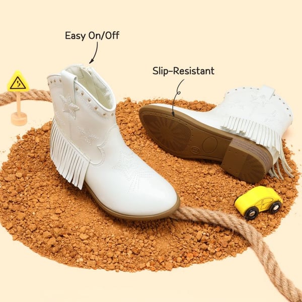 Girls Star Pattern Western Cowgirl Boots - WHITE - 4